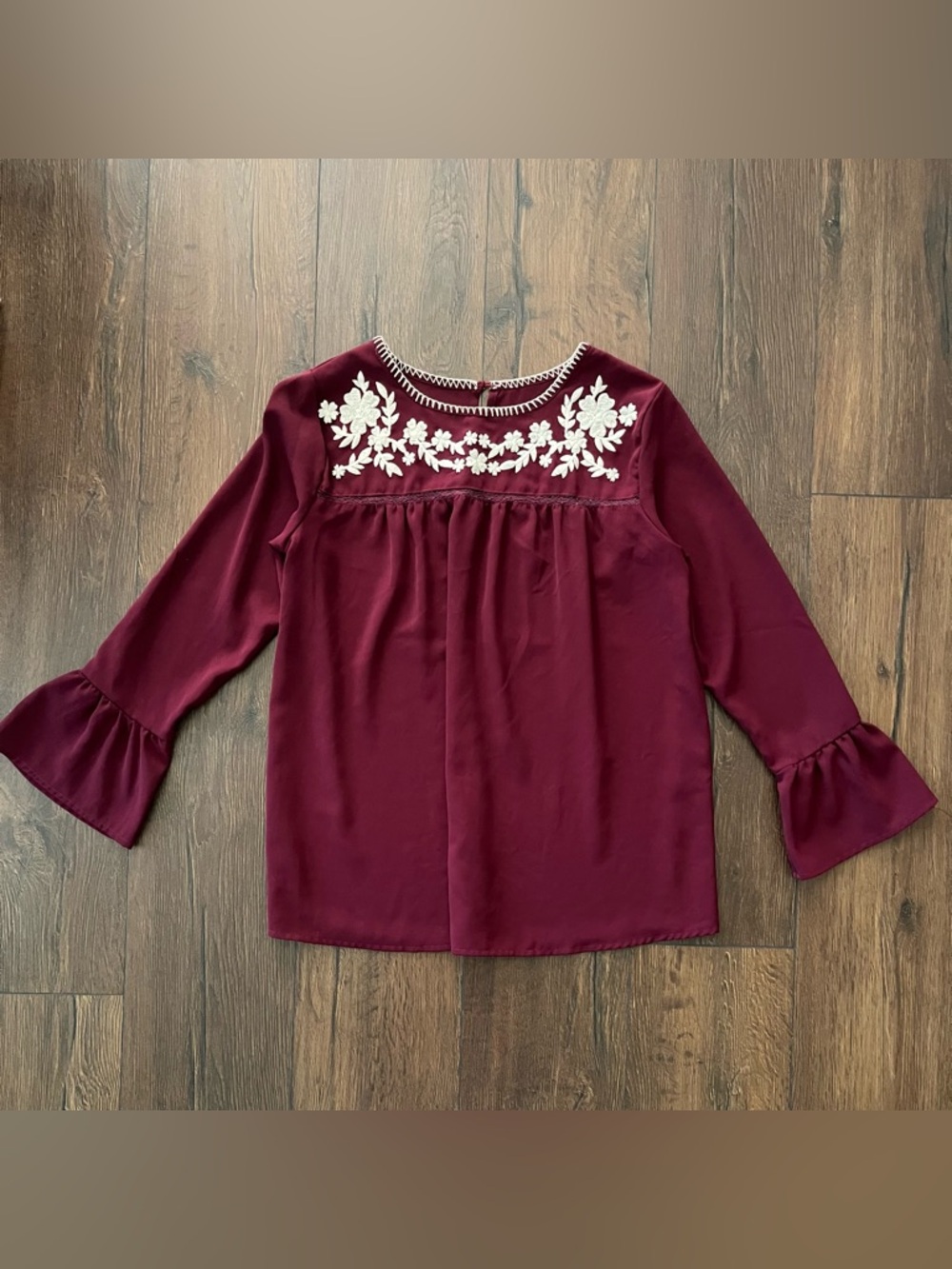 Embroidered Yoke Blouse - Burgundy